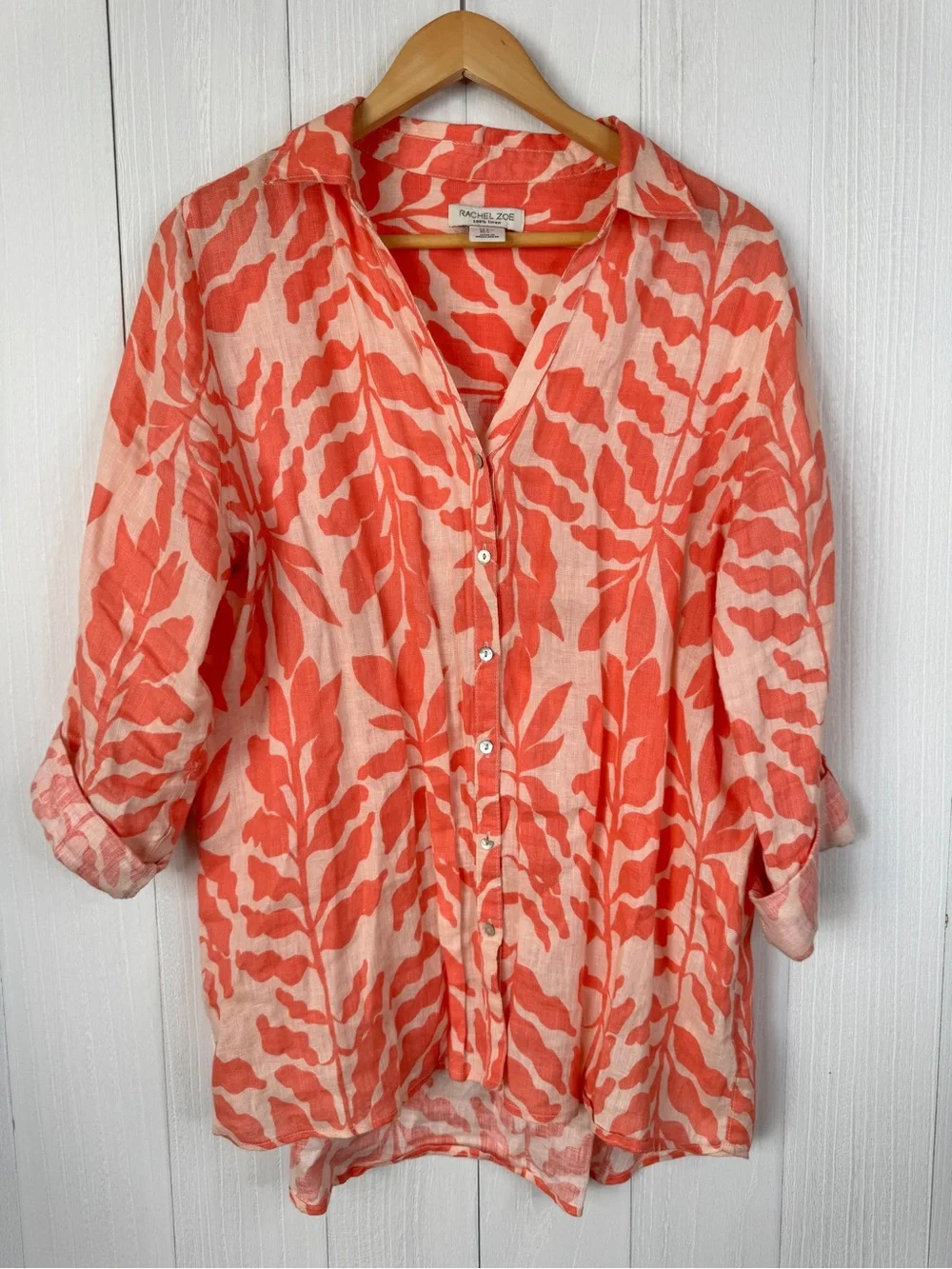 Rachel Zoe Women’s Coral Peach Linen Button-Up Blouse Shirt